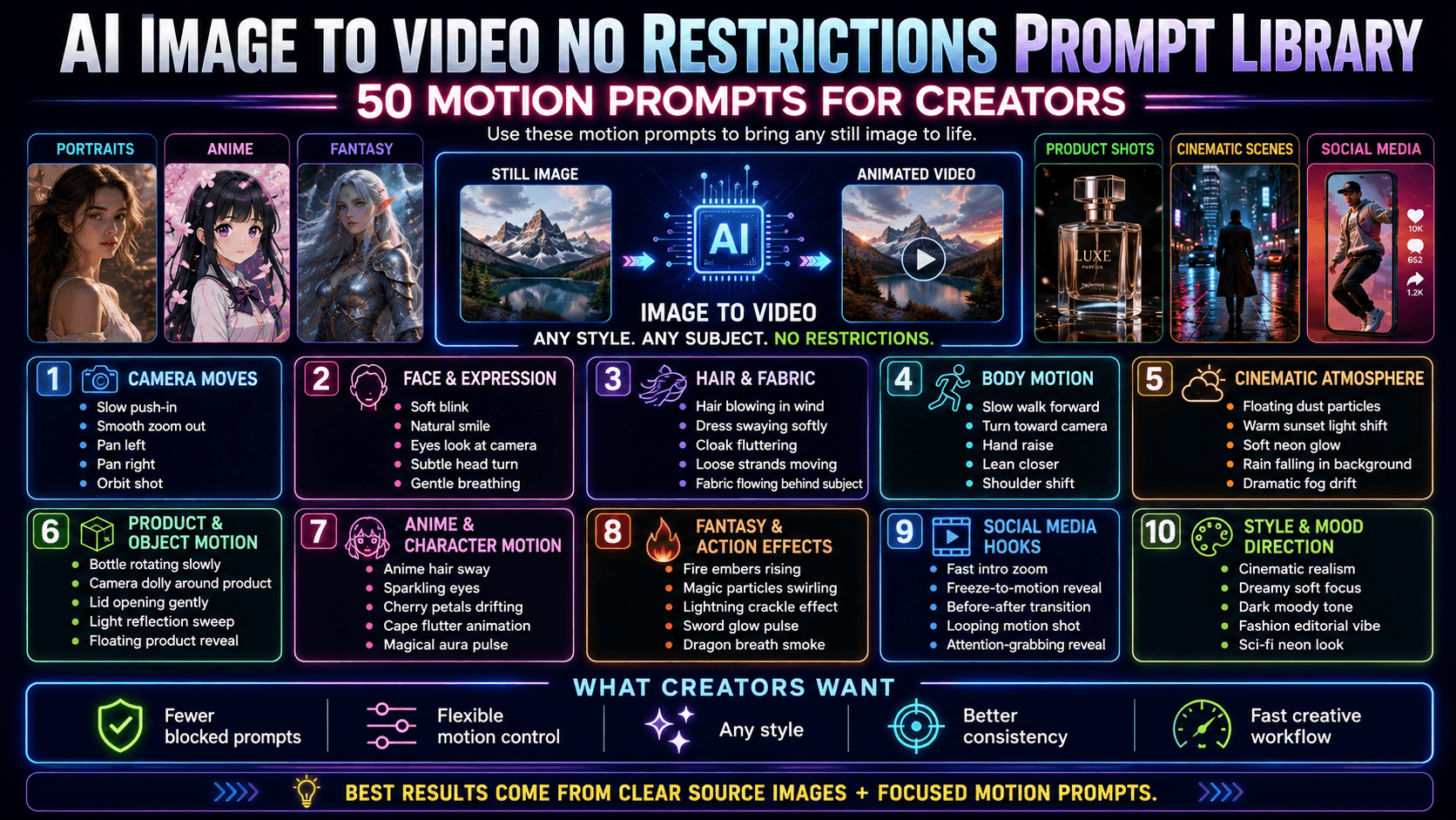 AI Image to Video No Restrictions Prompt Library: 50 Motion Prompts for Creators